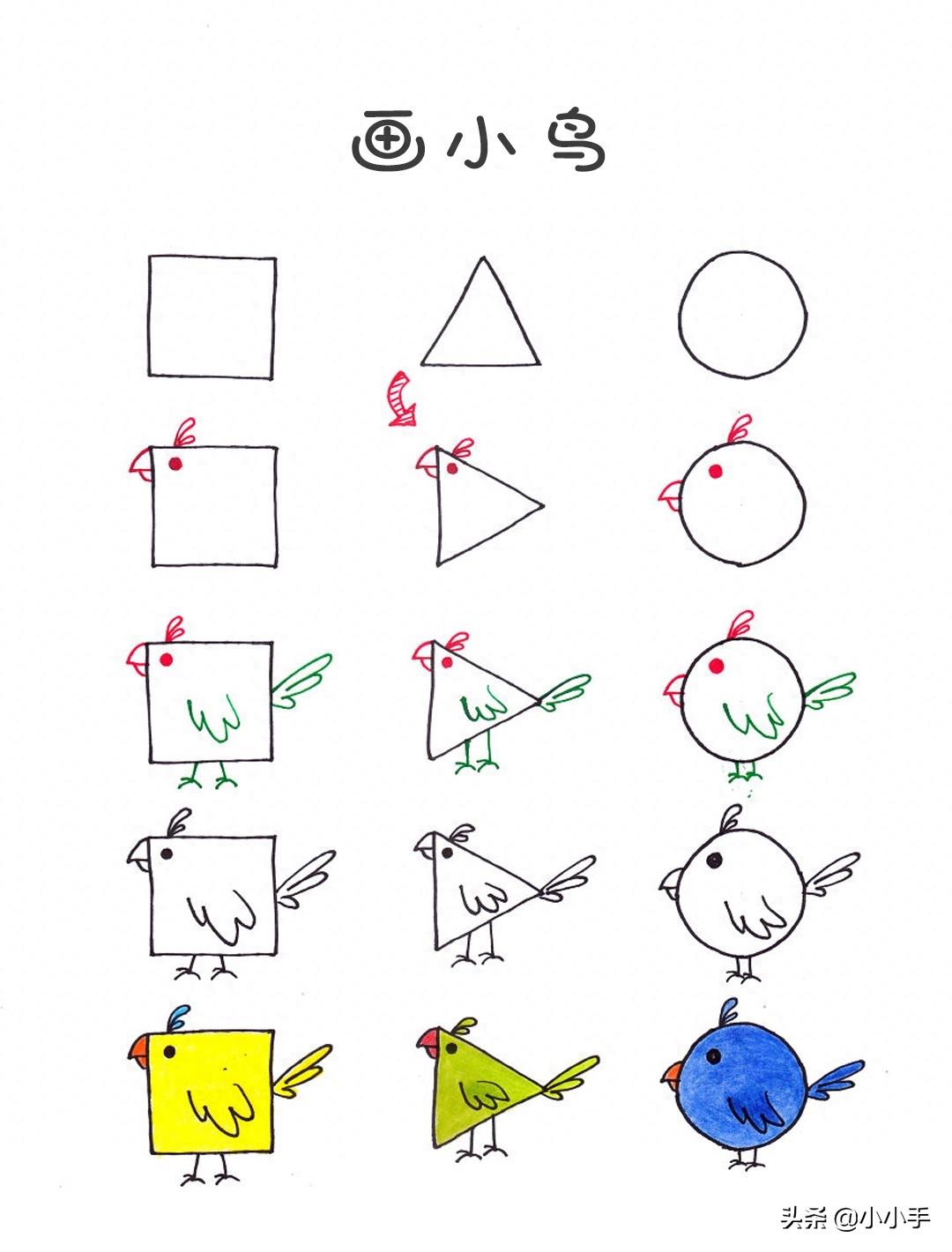 动物简笔画，圆形三角形方形画熊猫奶牛等各种动物
