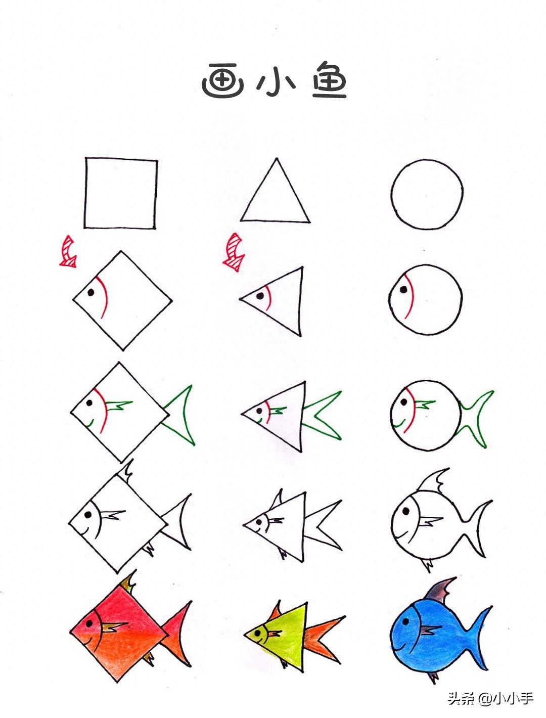 动物简笔画，圆形三角形方形画熊猫奶牛等各种动物
