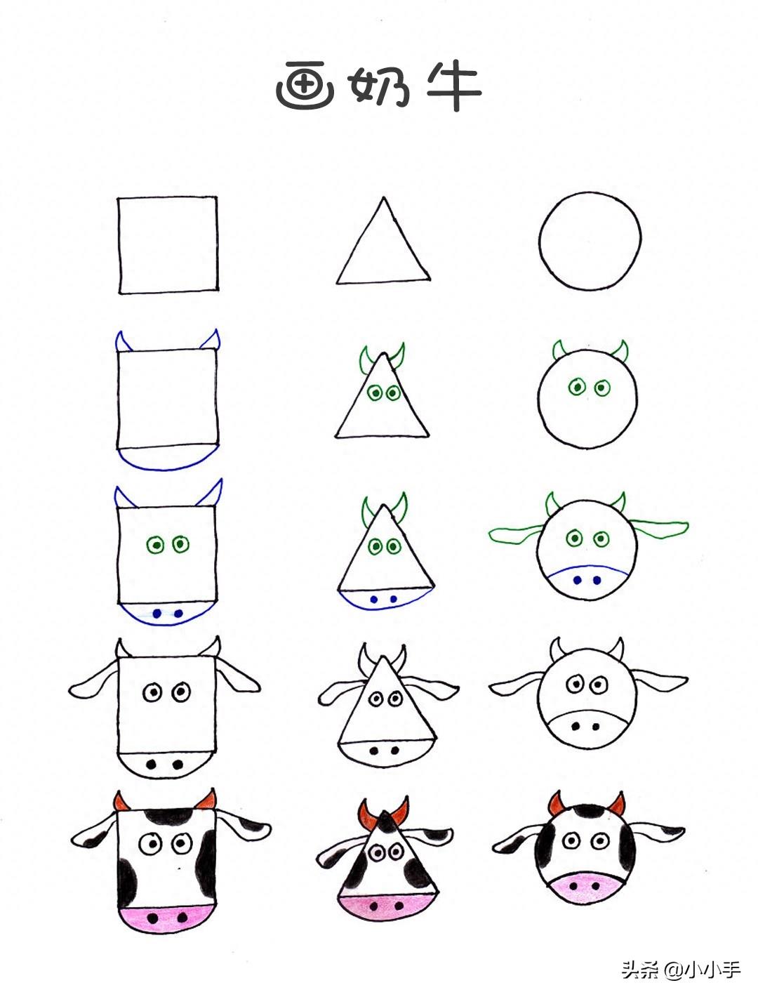 动物简笔画，圆形三角形方形画熊猫奶牛等各种动物