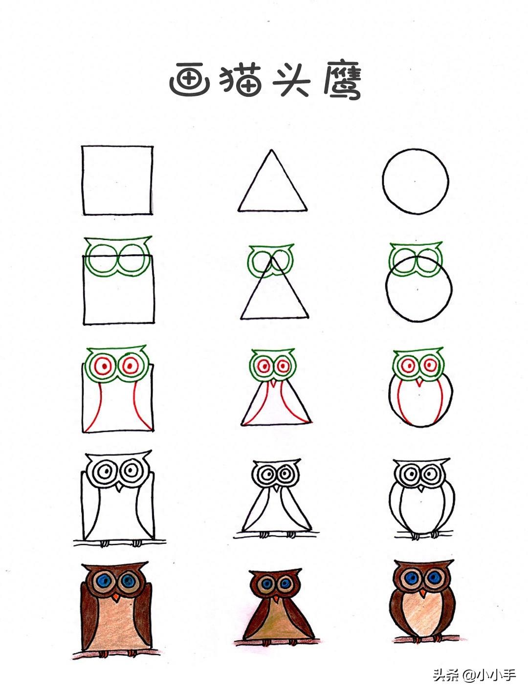 动物简笔画，圆形三角形方形画熊猫奶牛等各种动物